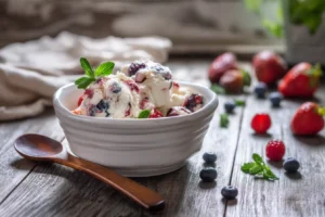 Cottage cheese berry ice cream in rustic bowl with berries