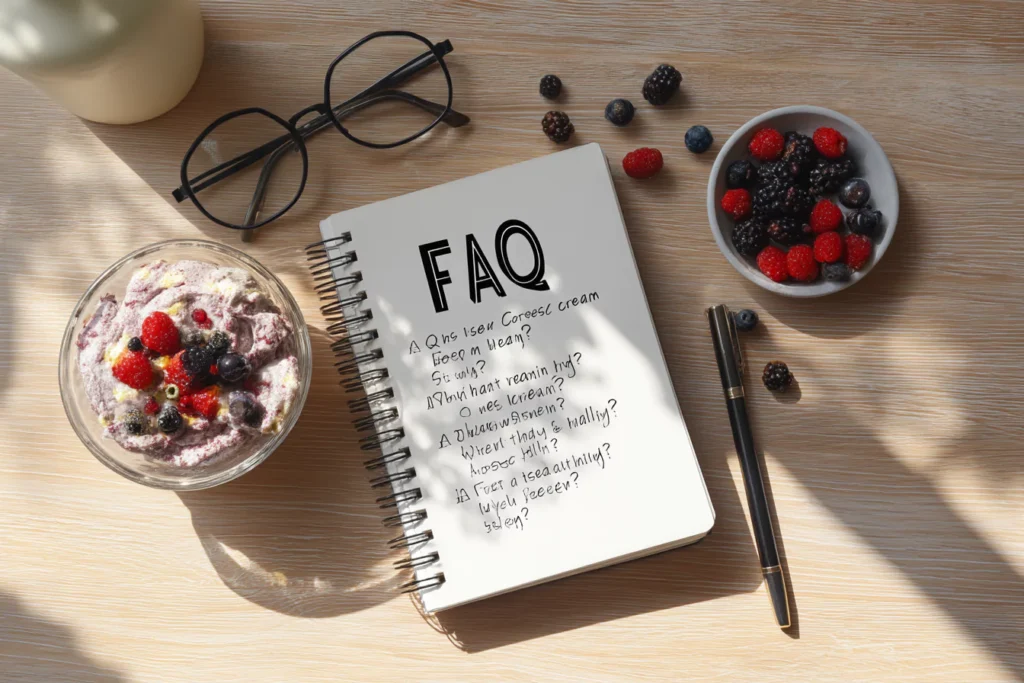FAQ notepad and bowl of cottage cheese berry ice cream with berries