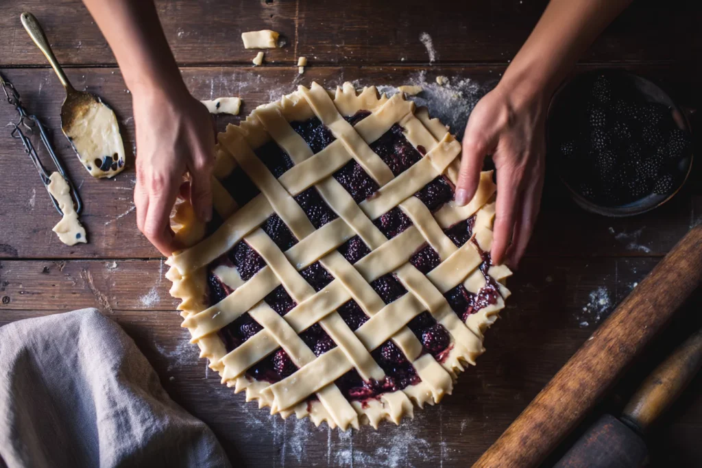 Flaky pie crust being placed over blackberry pie with frozen blackberries, lattice top in progress