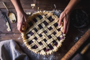 Flaky pie crust being placed over blackberry pie with frozen blackberries, lattice top in progress