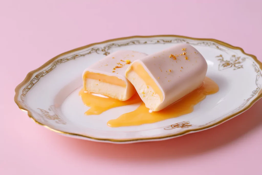 Sliced Fumang Propitious Mango Ice Cream bar showing creamy mango layers and pastel shell
