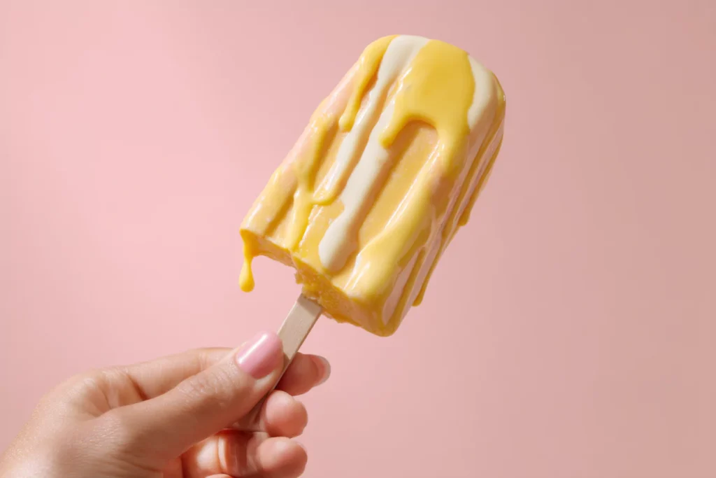 Fumang Propitious Mango Ice Cream bar mid-bite on pastel pink background