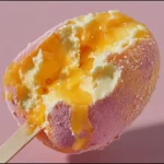 Fumang Propitious Mango Ice Cream bar with mango bite on pastel pink background