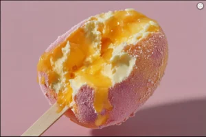 Fumang Propitious Mango Ice Cream bar with mango bite on pastel pink background