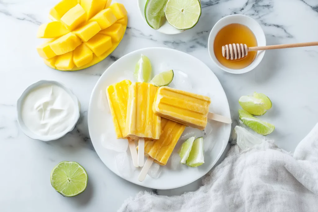 Healthy mango ice pops with fresh fruit and yogurt on marble background