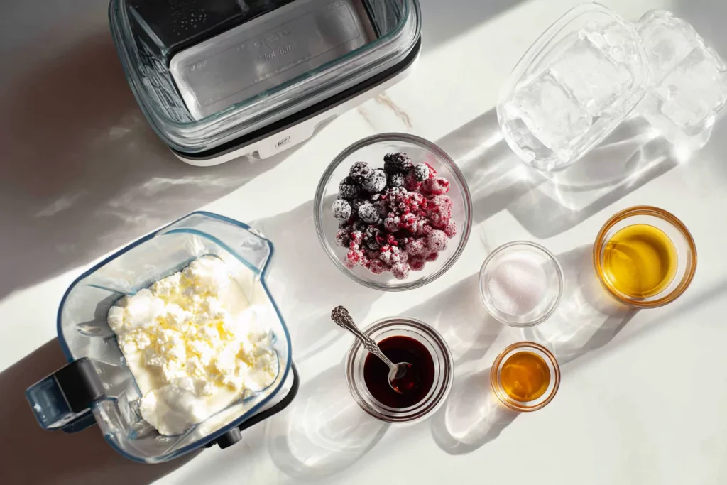 Ingredients and blender setup for homemade cottage cheese berry ice cream
