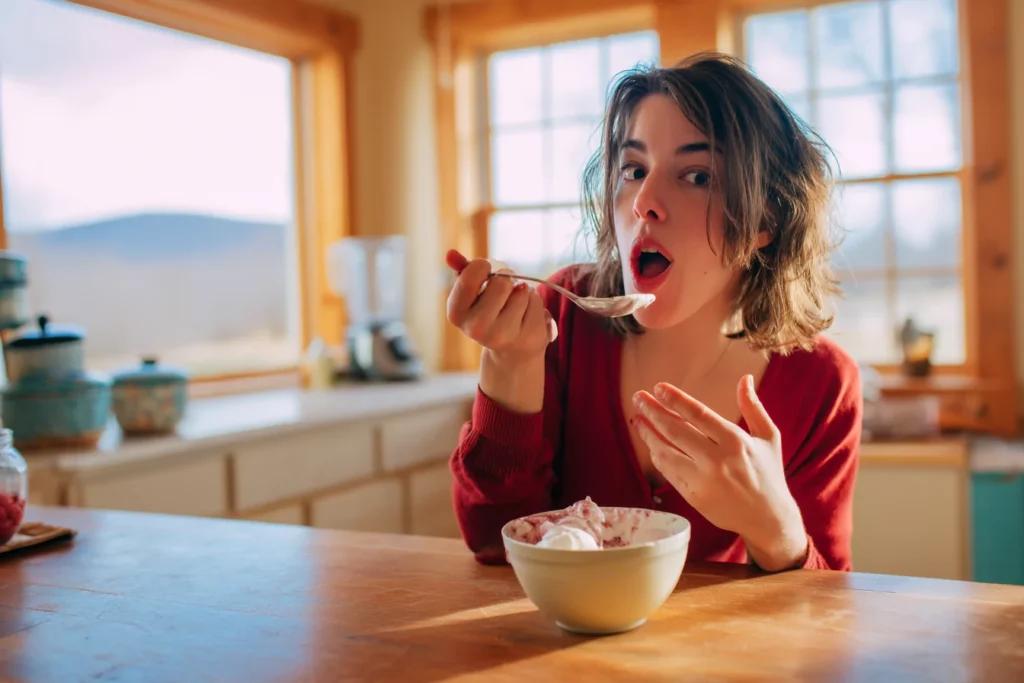 Woman discovering cottage cheese berry ice cream on kitchen counter
