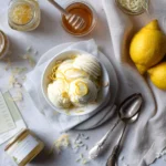 Jar of lemons cottage cheese ice cream recipe card with dessert bowl