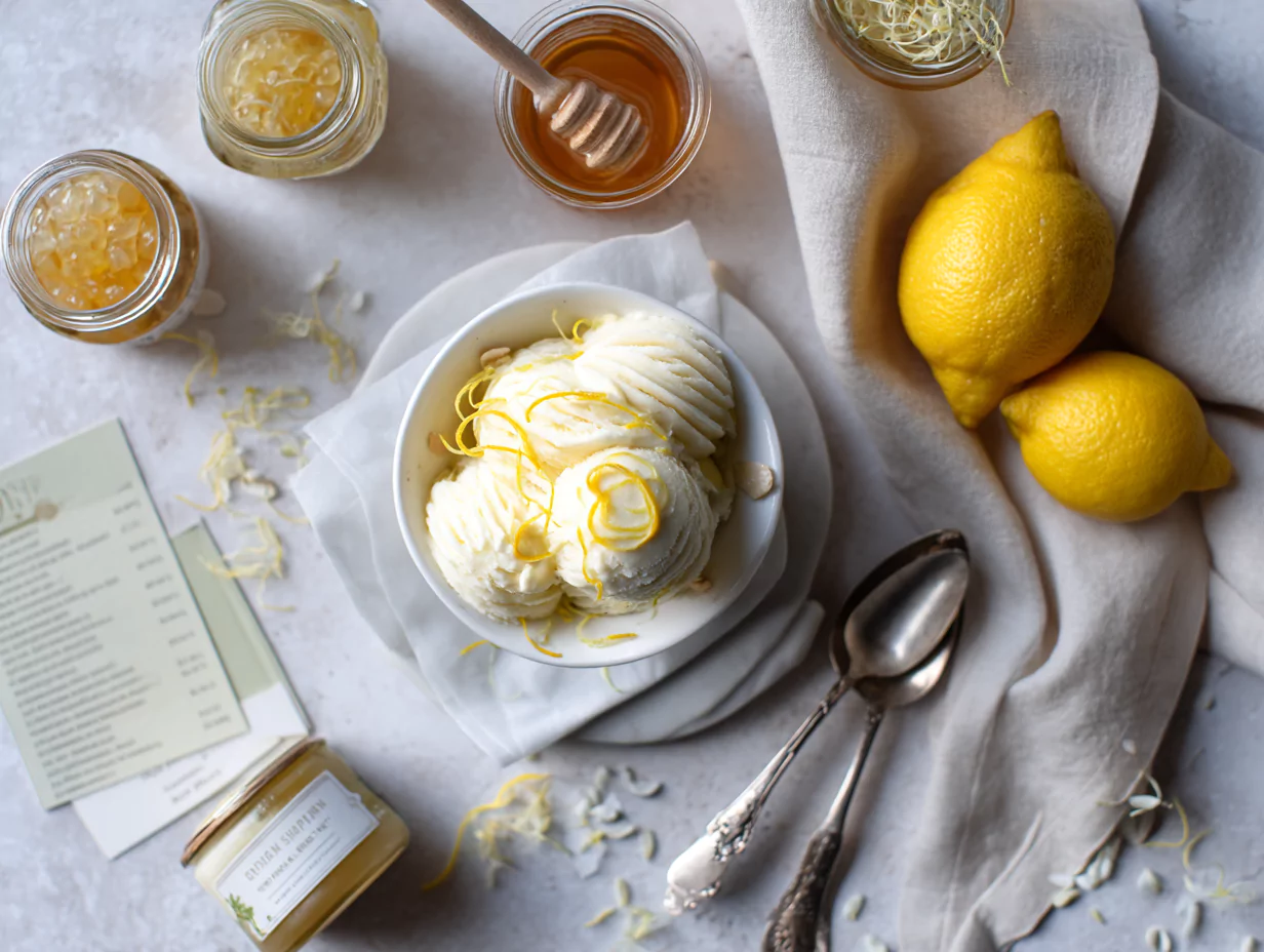 Jar of lemons cottage cheese ice cream recipe card with dessert bowl