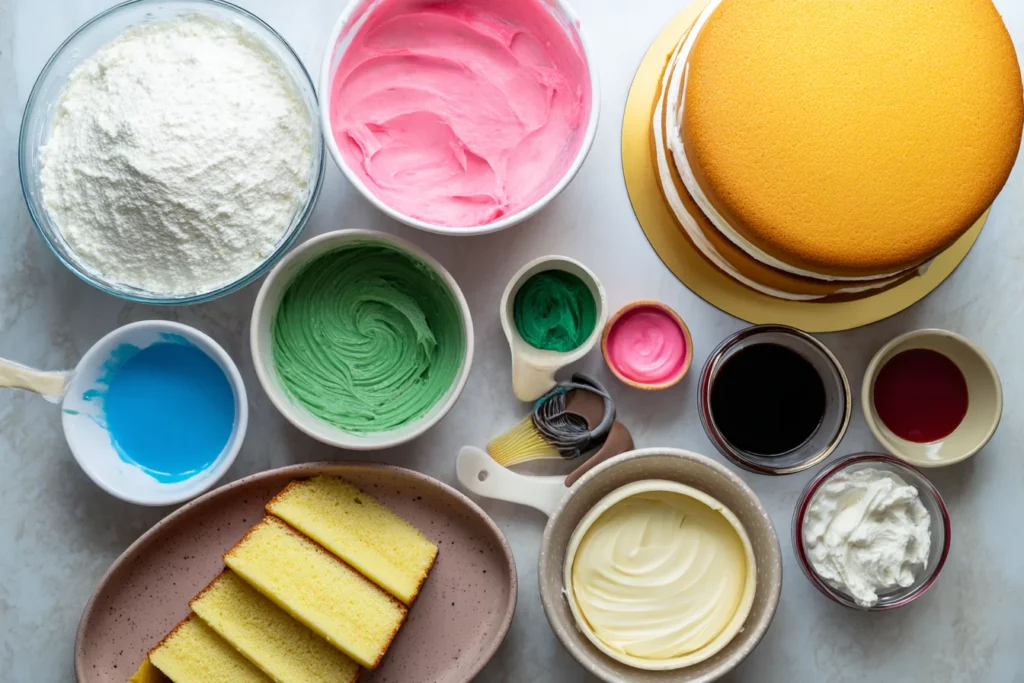 Labubu cake ingredients flat lay