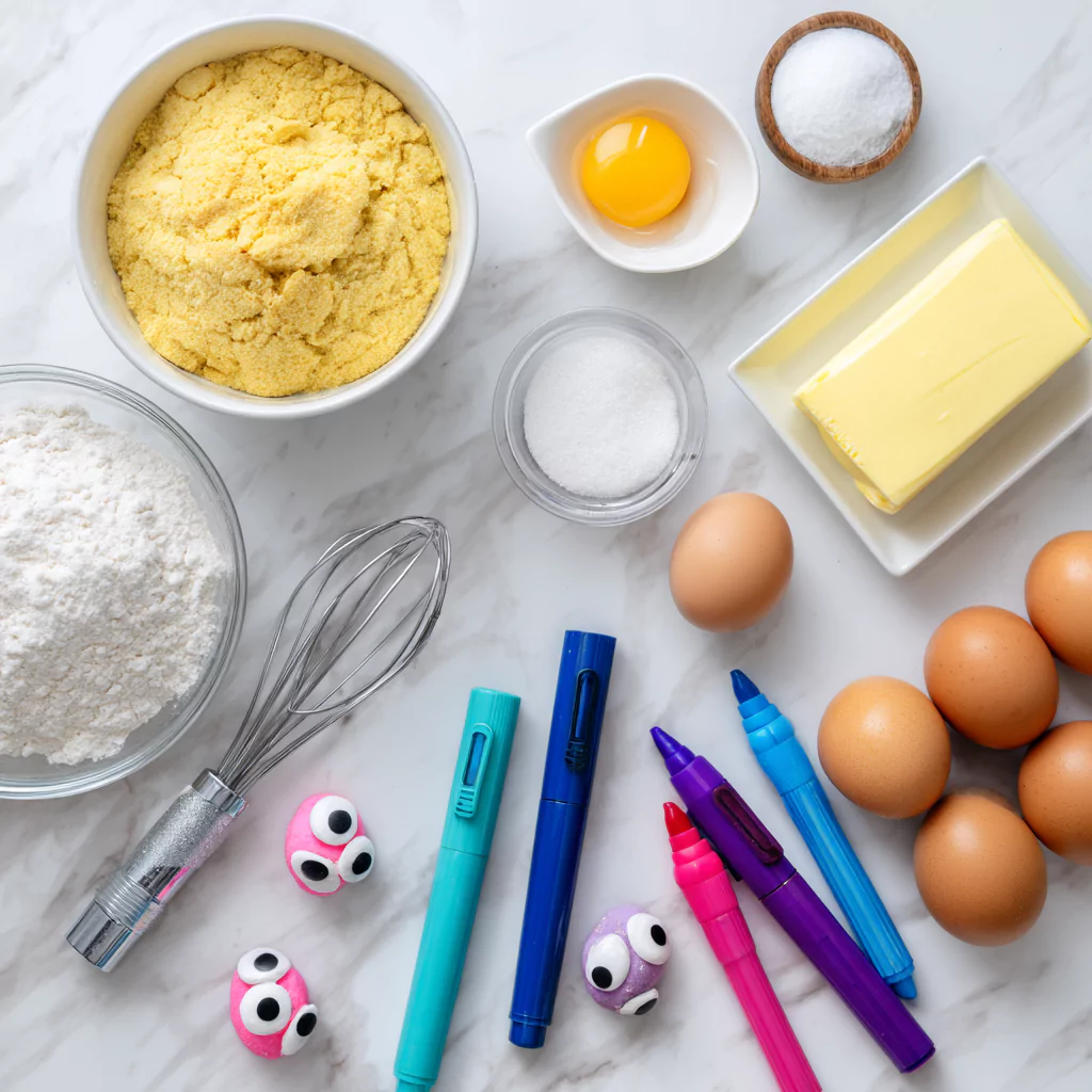 Labubu cookies ingredients on white counter