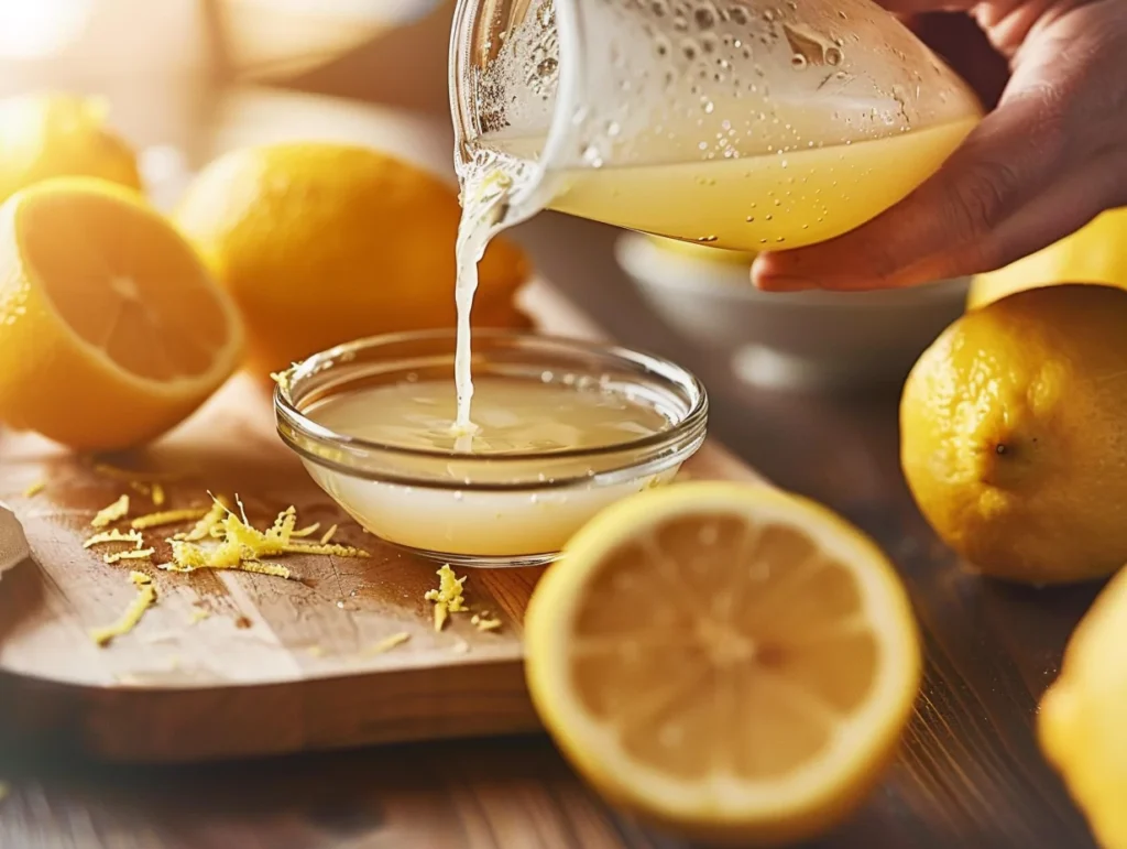 lemon being zested next to bowl of lemon juice