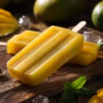 Mango ice pops with lime and mint on a rustic table
