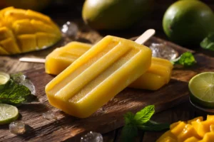 Mango ice pops with lime and mint on a rustic table