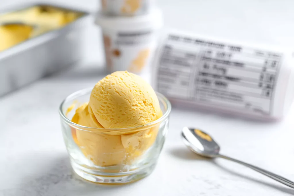 nutrition info and scoop of mango viral ice cream with branded containers