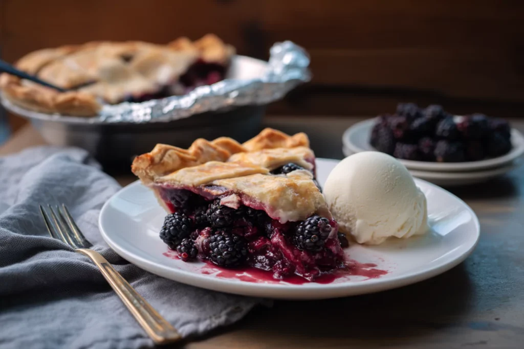 Slice of blackberry pie made with frozen blackberries served with vanilla ice cream