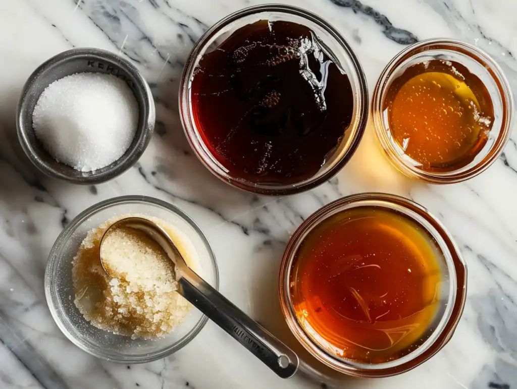 sugar, honey, and maple syrup on counter with cornstarch