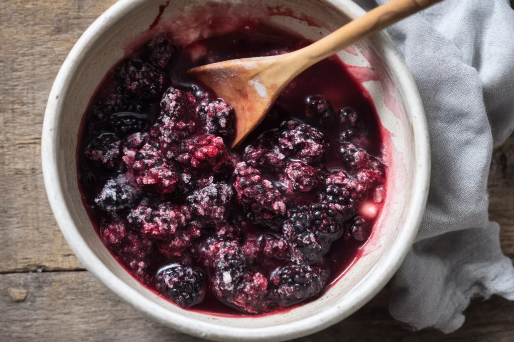 Bowl of partially thawed frozen blackberries mixed with sugar and cornstarch for pie filling