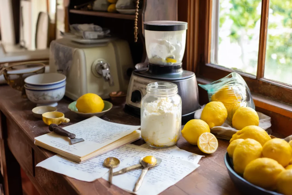 Rustic Vermont kitchen scene with jar of lemons and cottage cheese
