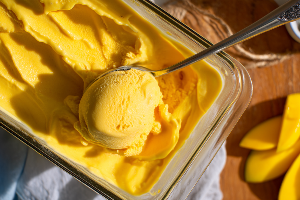 scooping homemade mango viral ice cream in kitchen