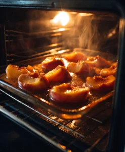 Peaches baking inside the oven with golden syrup bubbling
