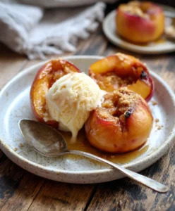 Baked peach halves served with vanilla ice cream on a dessert plate