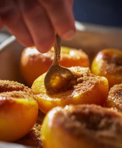 Spoon adding cinnamon sugar butter into peach halves