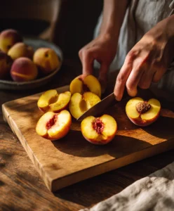 Fresh ripe peaches being sliced and pitted on a wooden cutting board