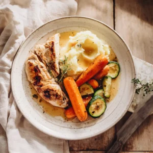 A comforting plate of lactose-free low FODMAP food including grilled chicken, roasted carrots, and mashed potatoes served on a rustic ceramic plate with soft natural lighting