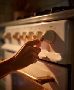 Hand turning oven dial to 375°F for cinnamon sugar baked peaches