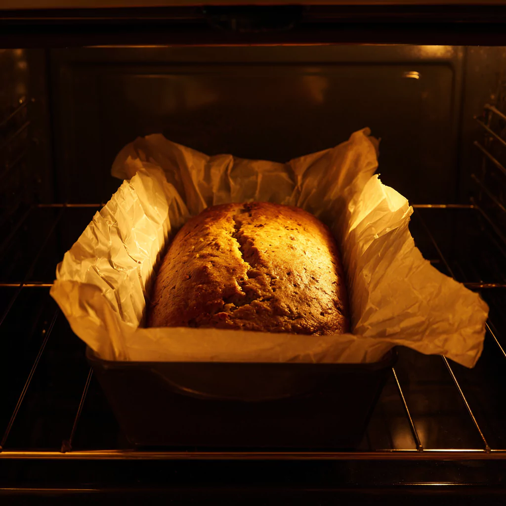 Banana fig bread loaf baking in oven