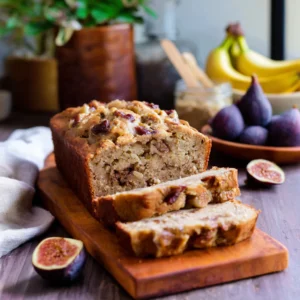 Sliced banana fig bread on a wooden board