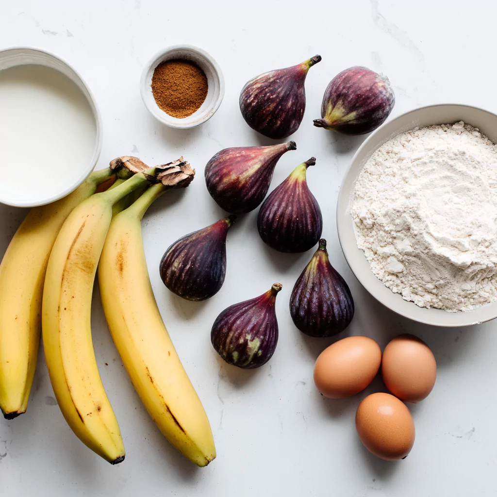 Ingredients for banana fig bread arranged on white background