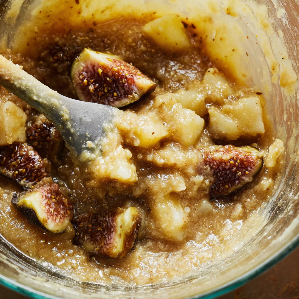 Mixing banana fig bread batter in glass bowl