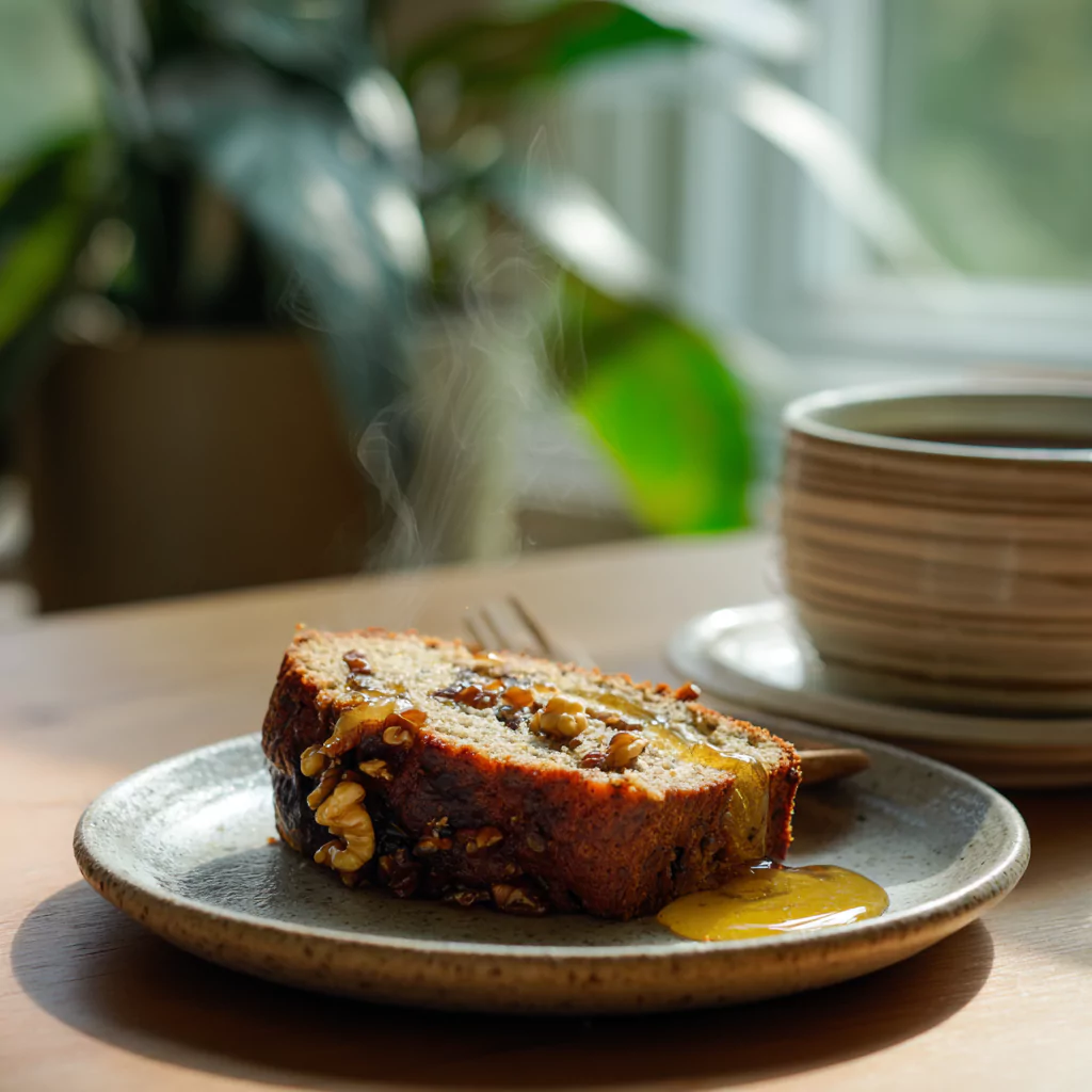Served slice of banana fig bread with honey