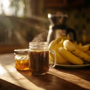 Homemade banana syrup for coffee next to a steaming mug on a rustic wooden table