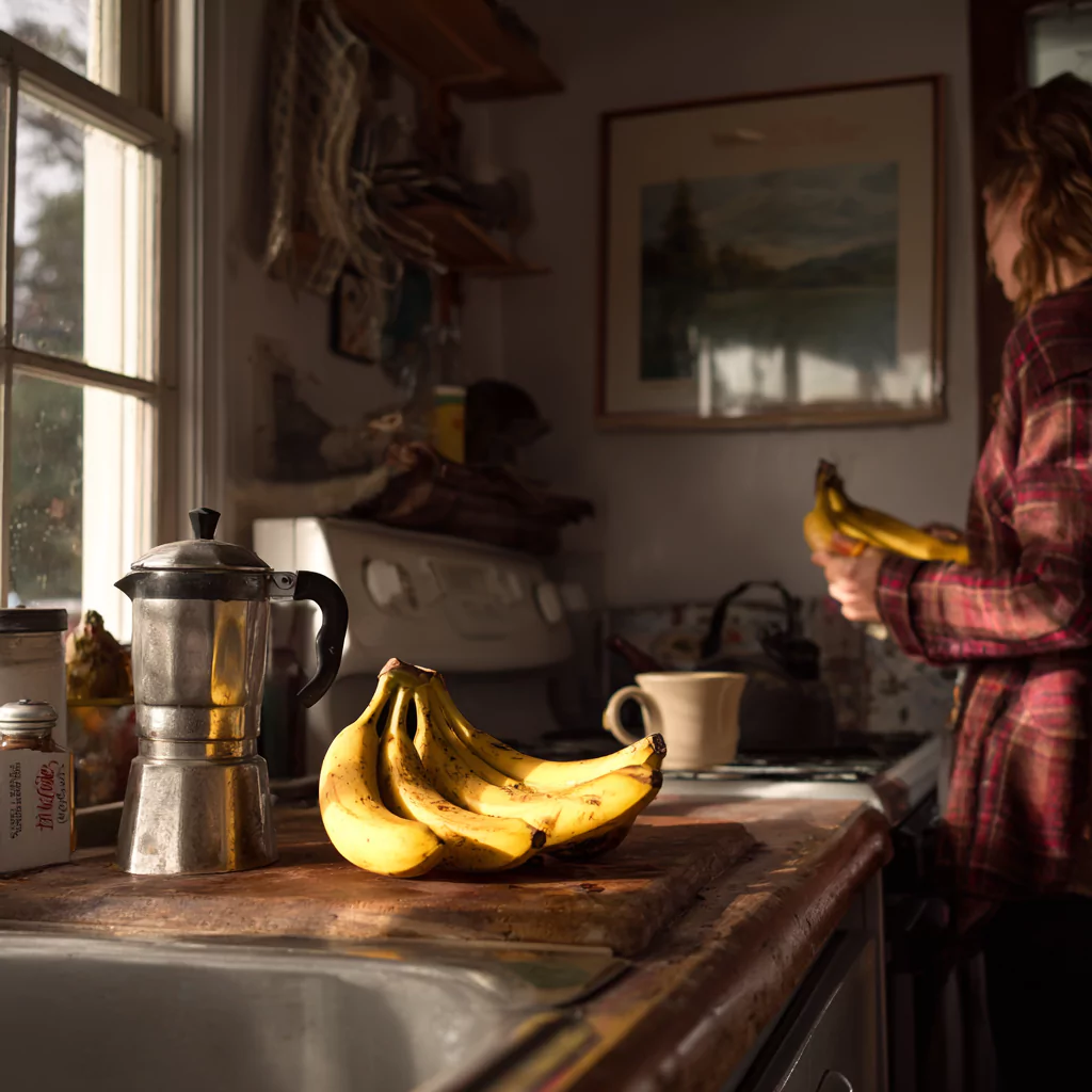 Overripe bananas in a Vermont kitchen next to French press coffee setup