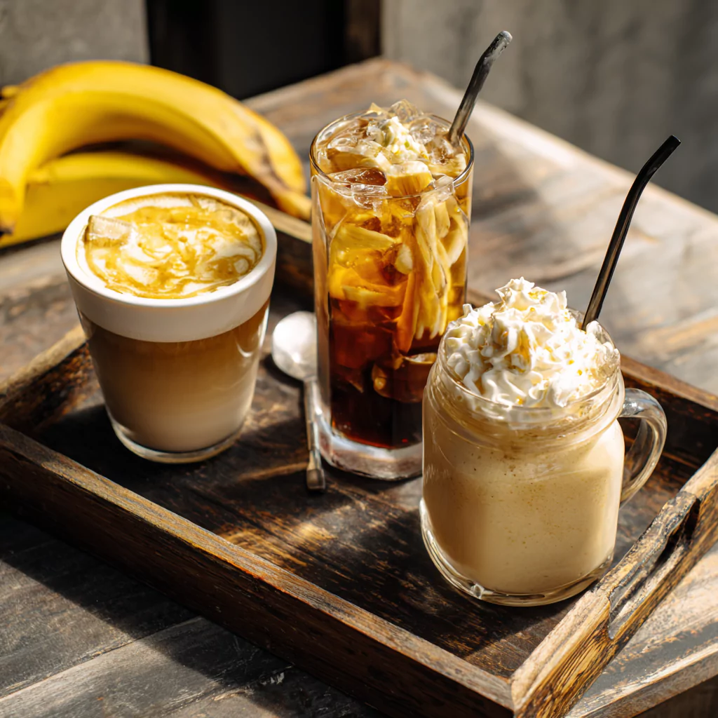 Trio of drinks showing banana syrup used in hot, iced, and blended coffee