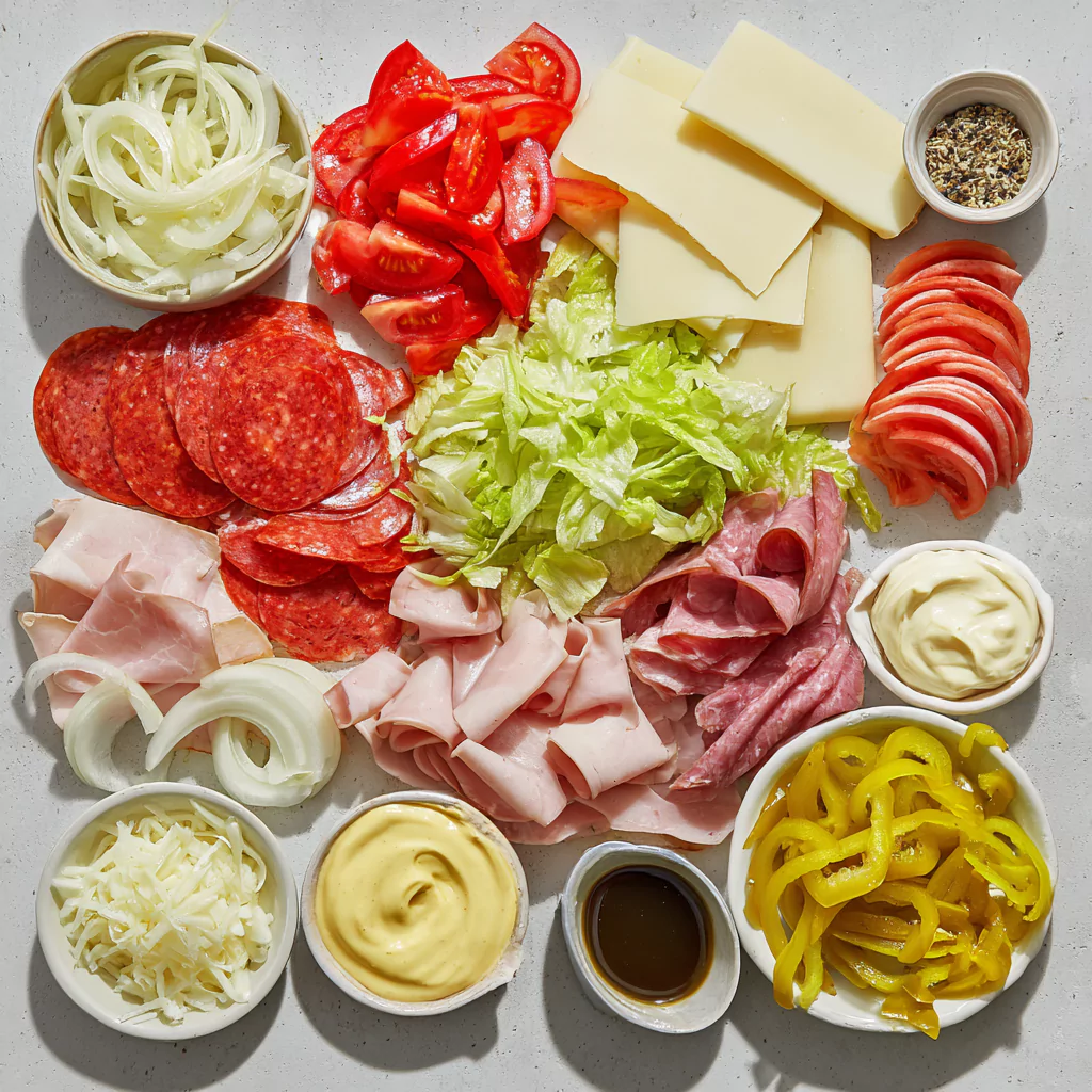 Chopped Italian sandwich ingredients on board