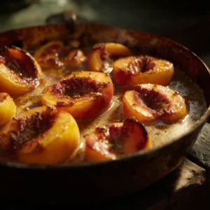 Cinnamon sugar baked peaches in a rustic dish with bubbling brown sugar and butter