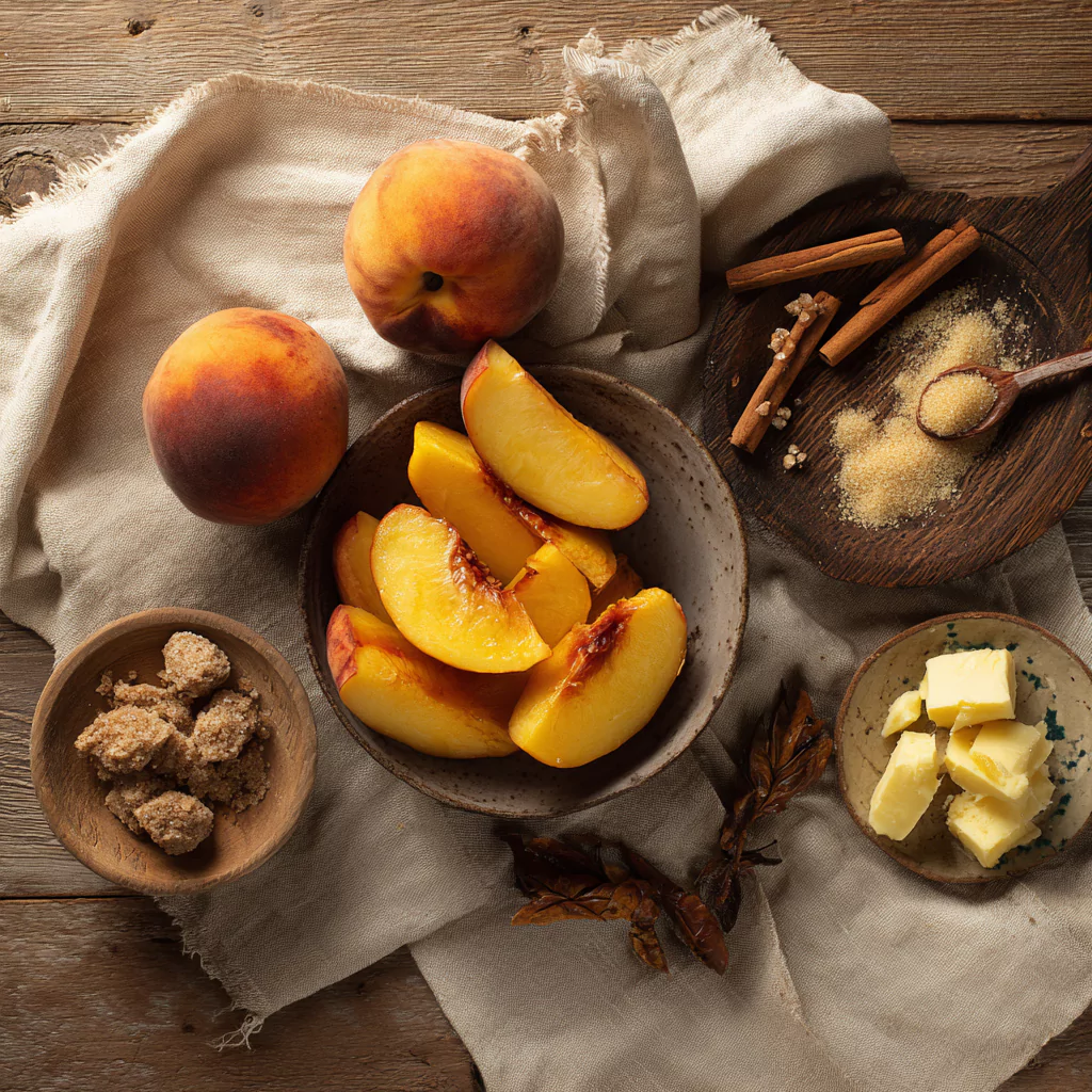 Ingredients for cinnamon sugar baked peaches including fresh peaches, brown sugar, and spices