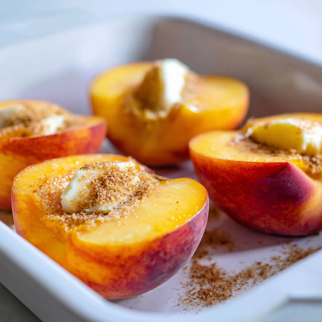 Halved peaches in a baking dish topped with cinnamon sugar and butter before baking