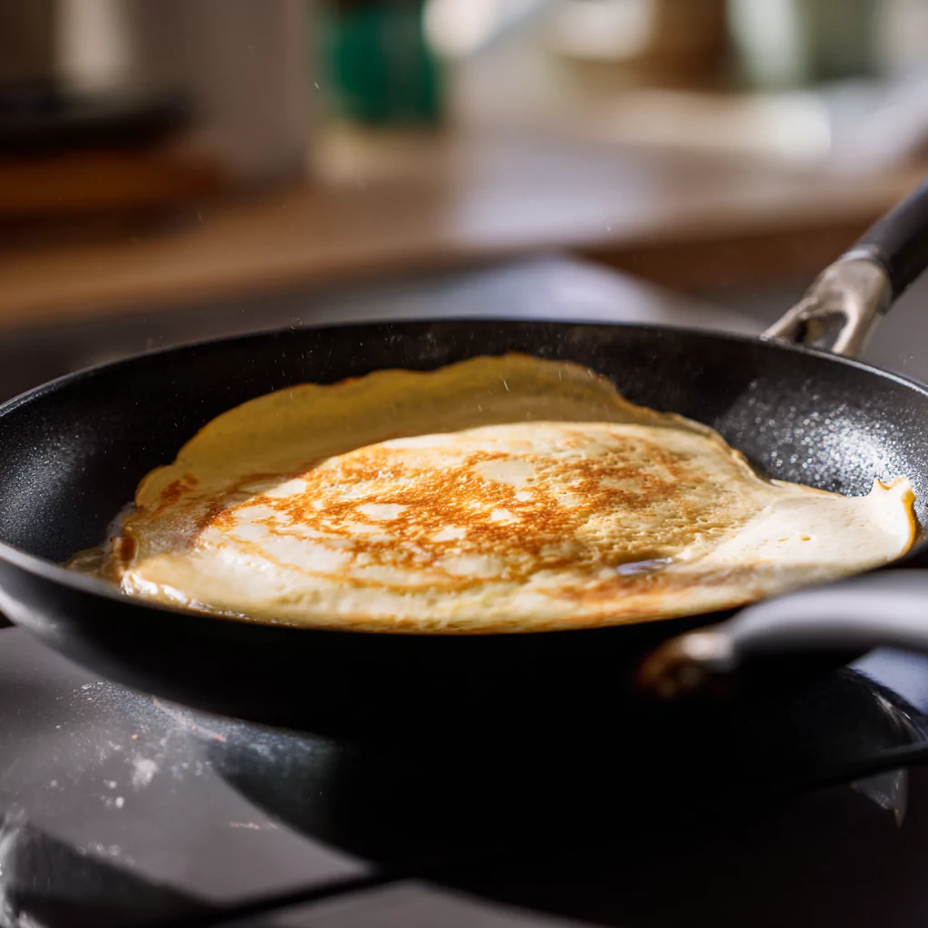 Cooking FODMAP banana pancakes dairy free in nonstick skillet