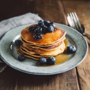 FODMAP banana pancakes dairy free served with blueberries and maple syrup