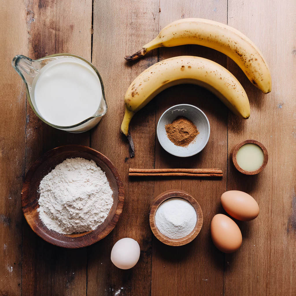 Ingredients for FODMAP banana pancakes dairy free laid out on wooden table