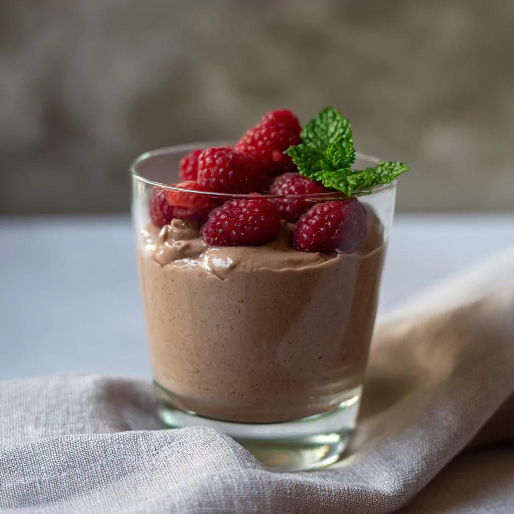 Lactose-free chocolate mousse with raspberries, FODMAP friendly