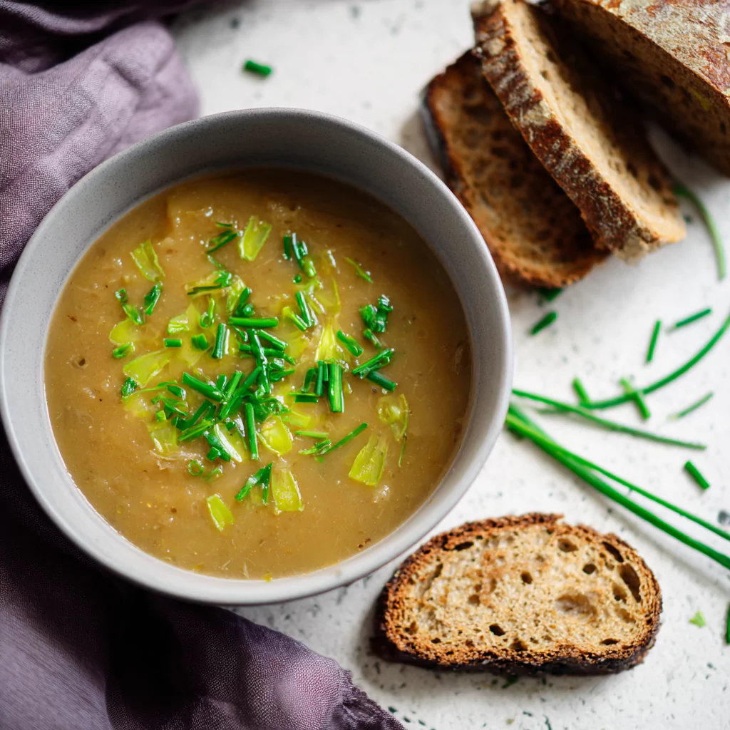 Served bowl of FODMAP friendly soup dairy free