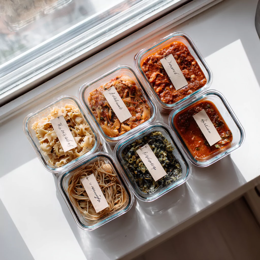 Batch-prepped lactose free low FODMAP meals in glass containers