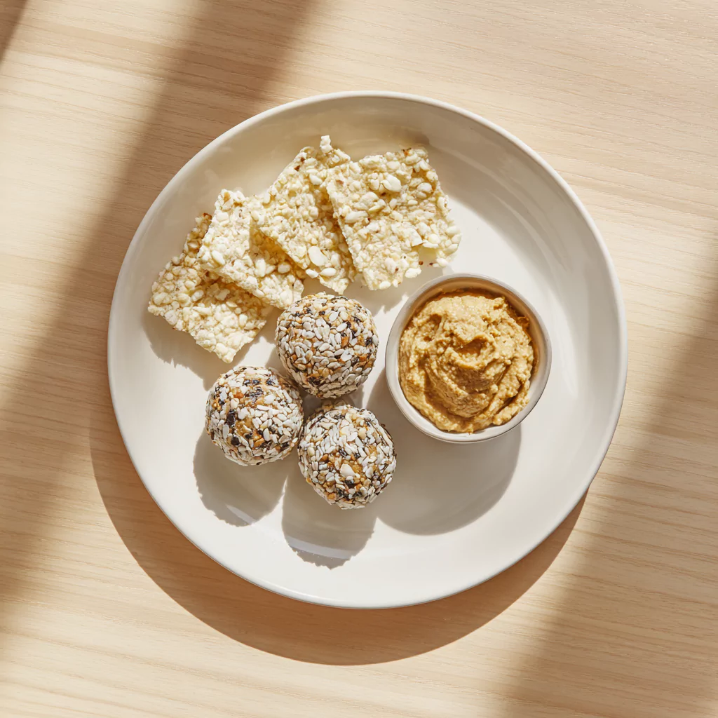 Low FODMAP snacks including energy balls and lactose-free hummus