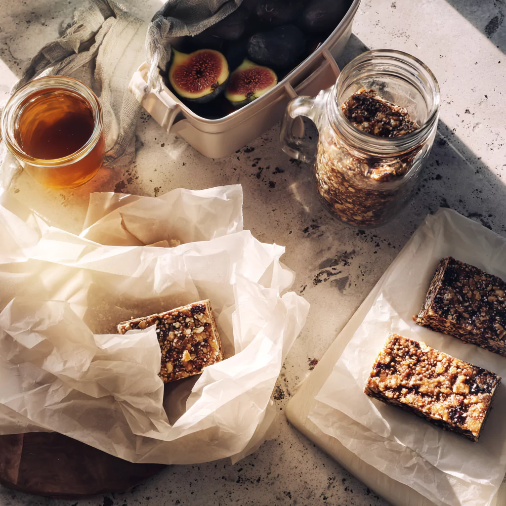 fig bars packed for daily routine with lunchbox and tea